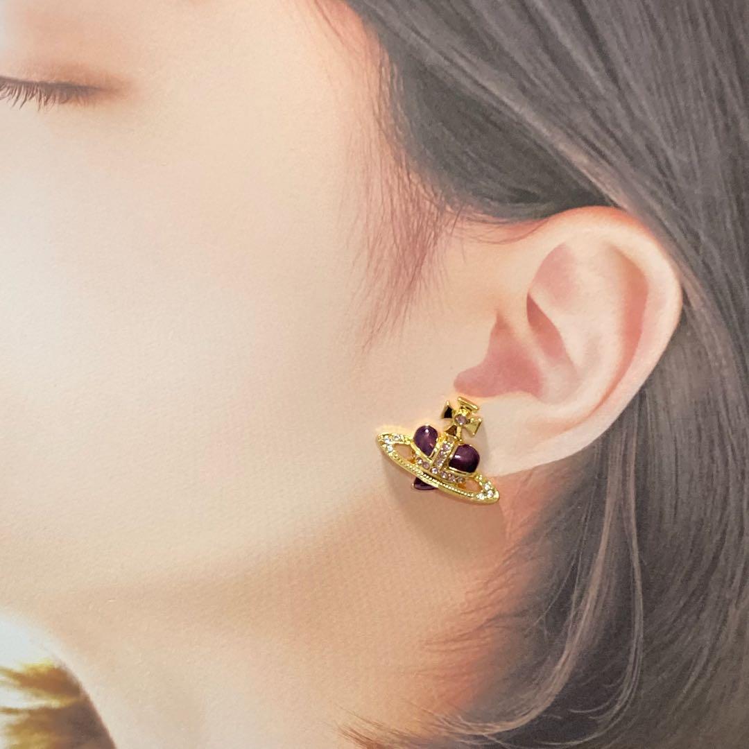 Vivienne Westwood Earrings Pierce Diamante Heart Gold Purple 2.5 cm w/drawstring