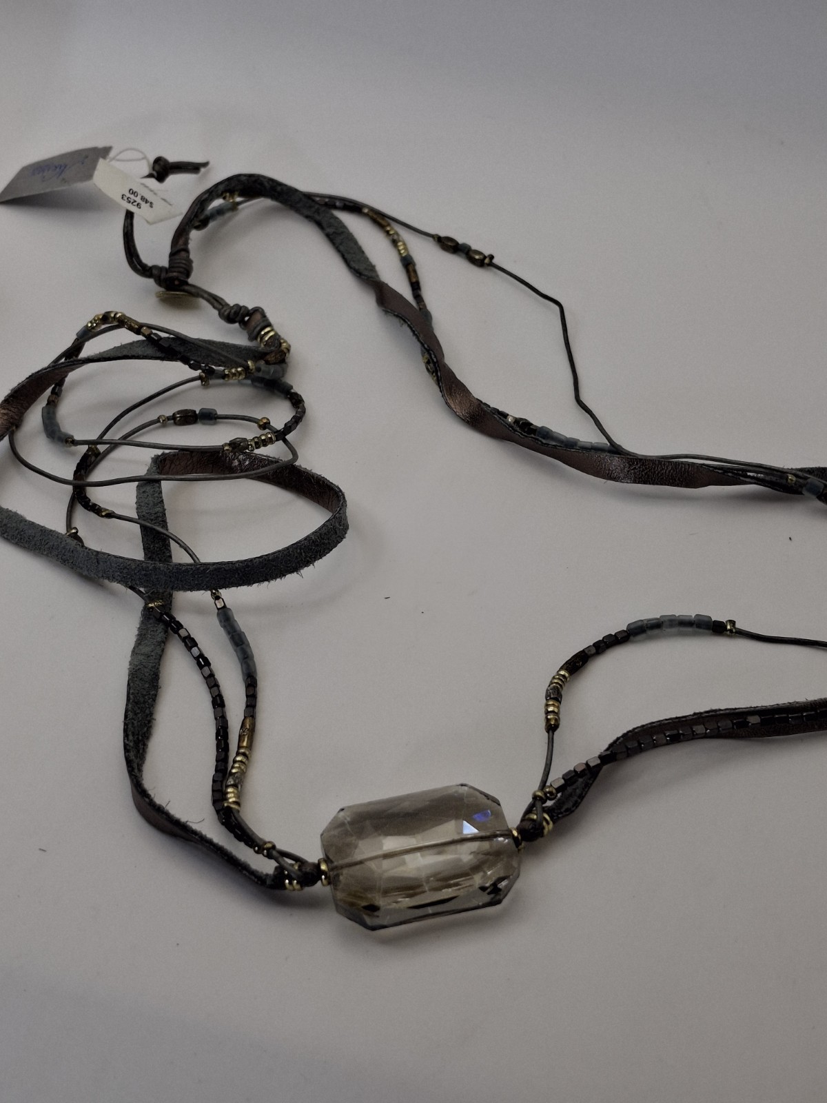 Nakamol Beaded Wrap Bracelet with Smokey Faceted Crystal focal gray leather