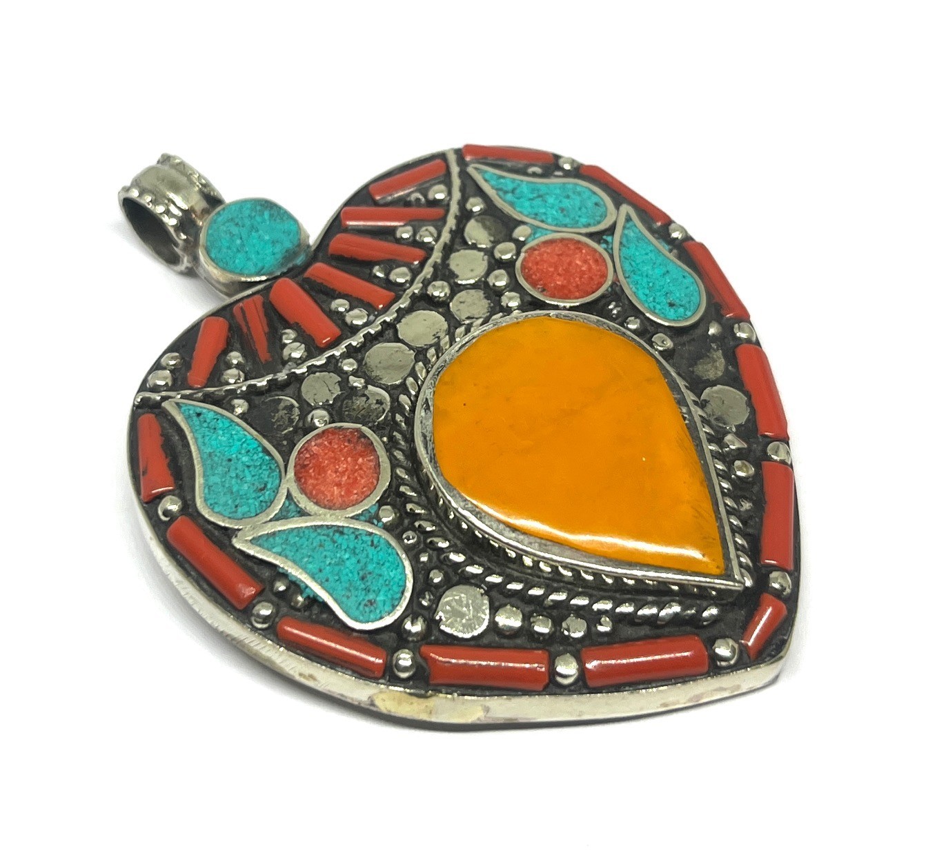 Vintage Coral Turquoise Amber Gemstone Tibetan Style Pendant Jewelry, 2.9 inch