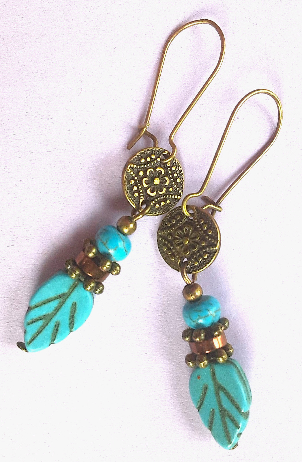 BLUE HOWLITE ROUNDEL earring KIDNEY WIRE handcrafted bronze #DMX