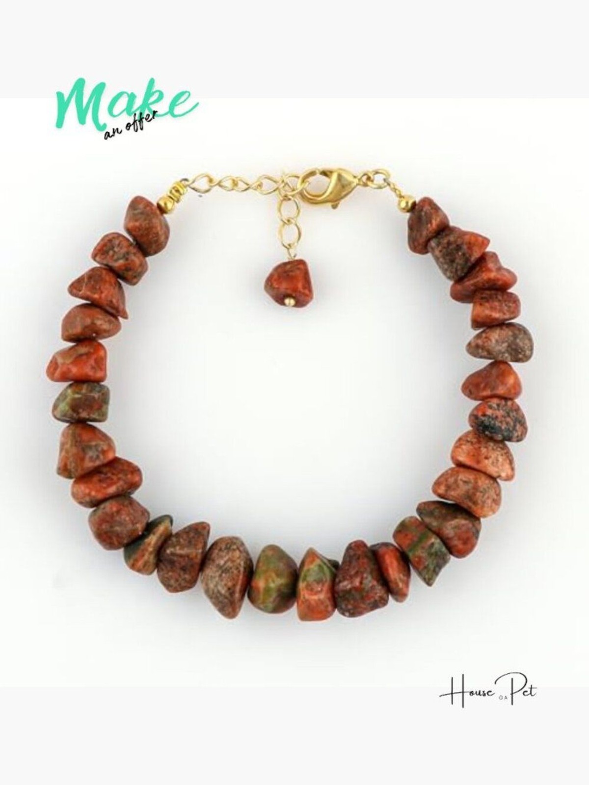 Raw Unakite Gemstone Bracelet, Gold Plated Brass, Lobster Claw Clasp, Handmade