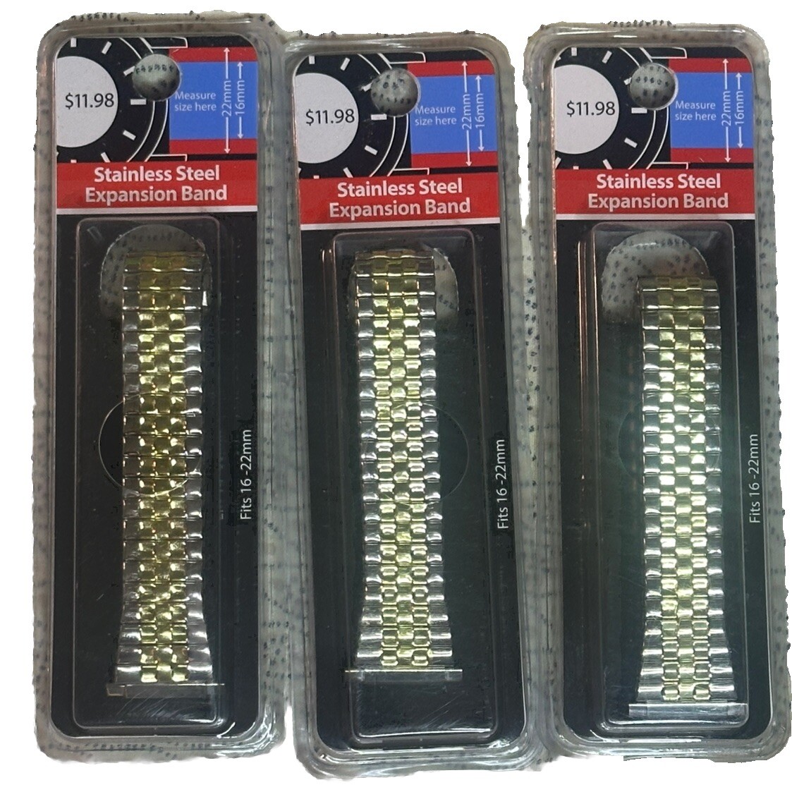 LOT OF 3! Watch Bands 16mm to 22mm Shiny Gold & Silver Color Brand New