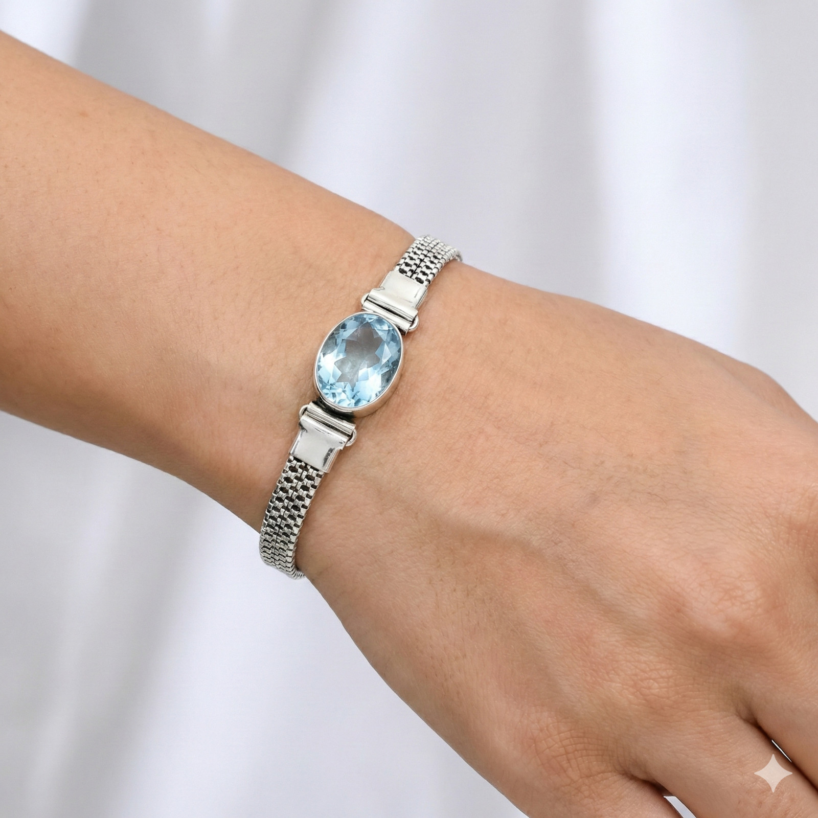 Blue Aquamarine Gemstone Handmade 925 Sterling Silver Jewelry Chain Bracelet