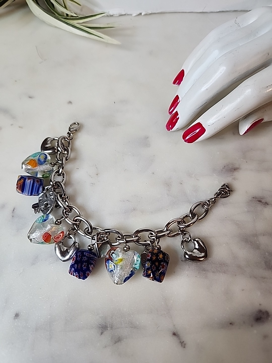 Vintage Murano Glass & Millefiori 8 Heart Charm Bracelet 7-9″ Adjustable