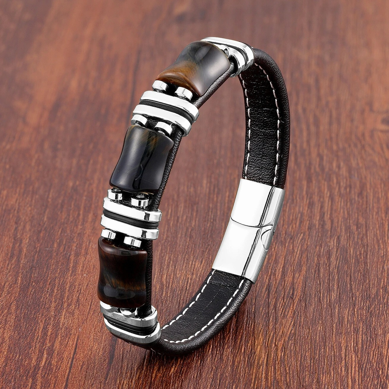 Pulsera De Acero Inoxidable Con Piedra Ojo De Tigre Para Hombre Cadena De Cuero