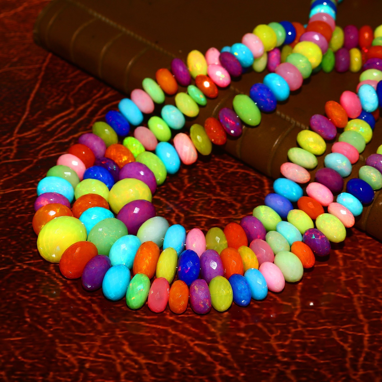 Ethiopian Welo Opal Faceted Round Bead Necklace Multi-Color Play of Fire 568
