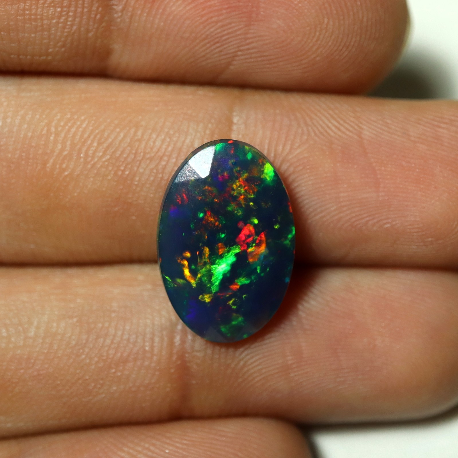 3.5Ct Real Ethiopian Smoked Black Opal AAAA Faceted Oval Rainbow Fire 16×10.8MM