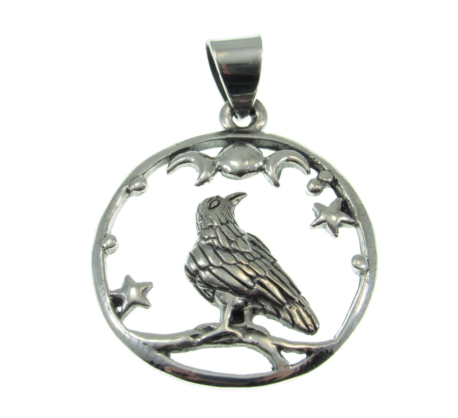 Handcrafted Solid 925 Sterling Silver Raven Triple Moon & Stars Pendant