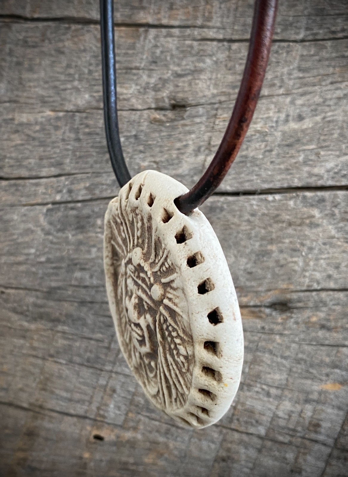 ARTISAN Ceramic Pottery Native American Indian Chief Pendant NECKLACE Warrior 2″