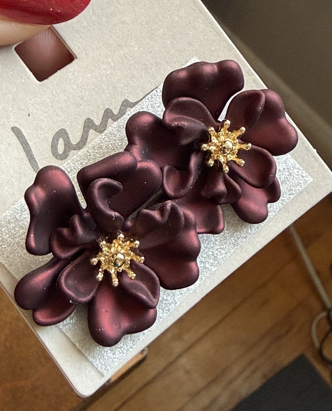 I Am Red Burgundy Flower Necklace And Earrings Gold Tone Jewelry Set New Gift