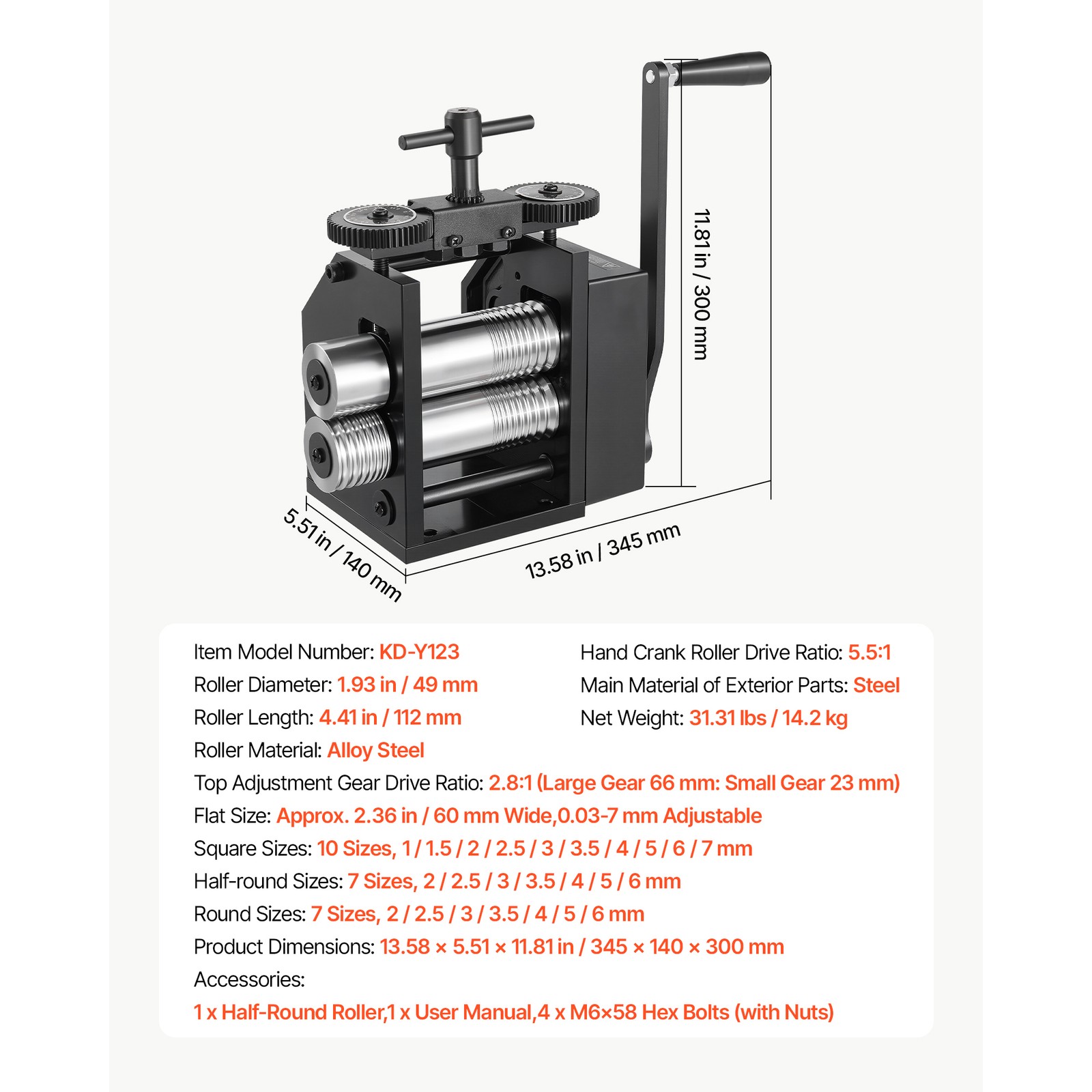 Uimoso Jewelry Rolling Mill with 4-in-1 Round, Flat, Square, Half-Round