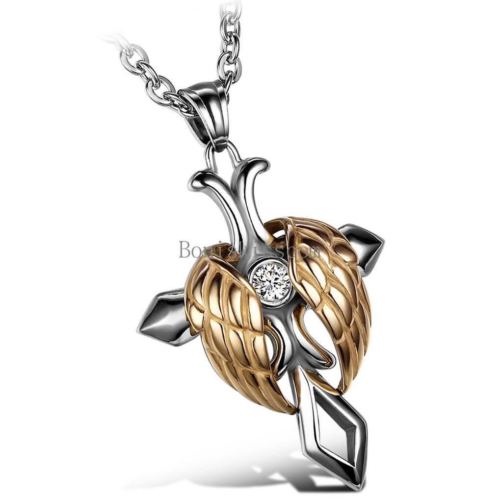 Men Women Angel Wing Celtic Cross Rhinestone Stainless Steel Pendant Necklace