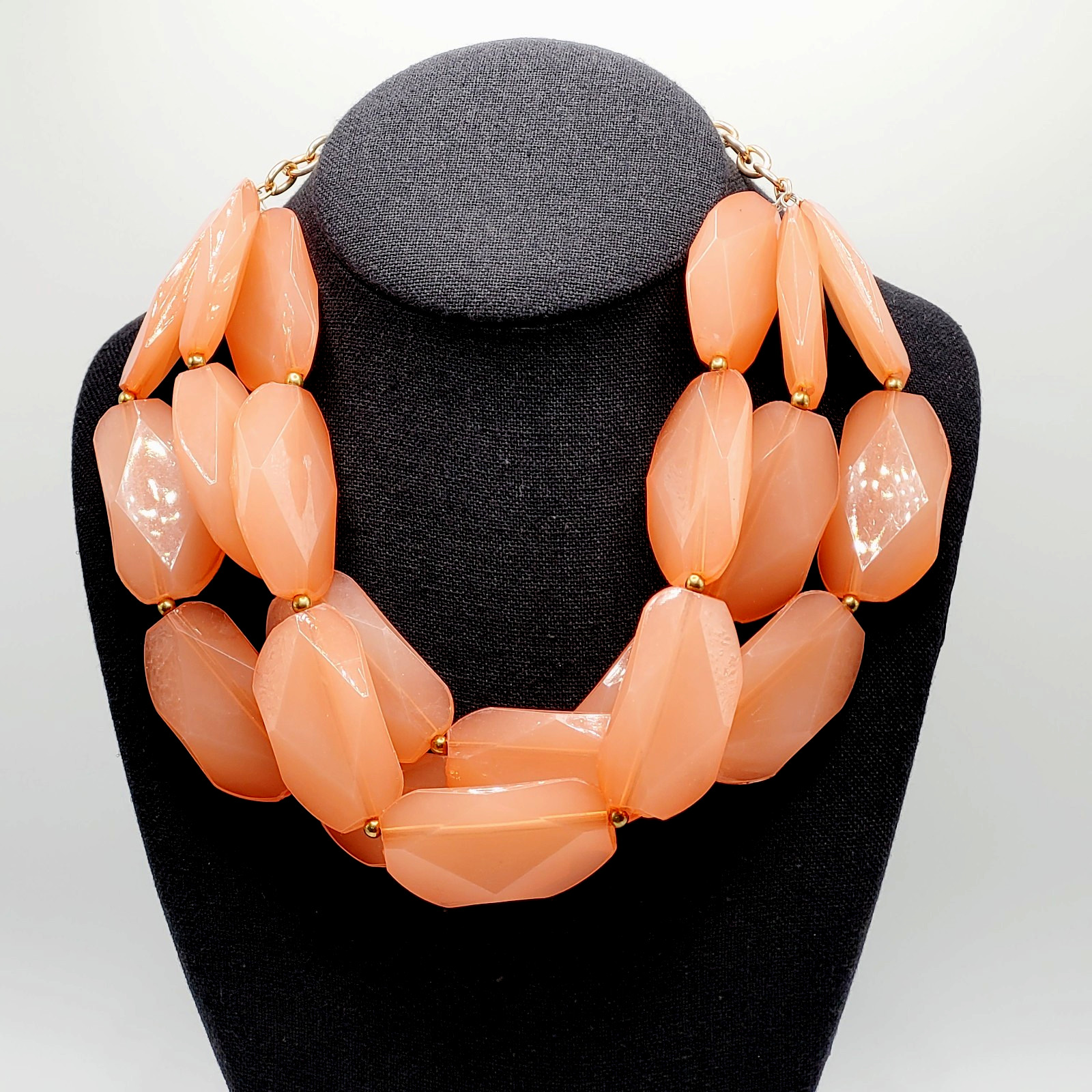 Glamourous Melon Peach Orange Shade Lucite Triple Strand Beaded Necklace 21 Inch
