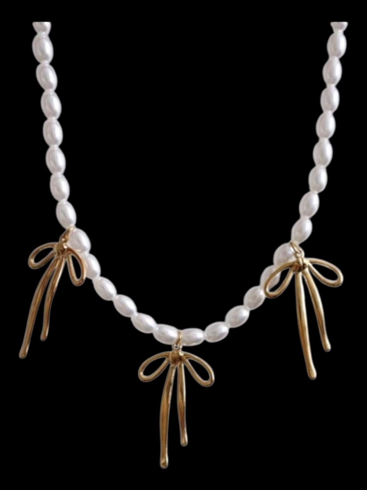 Freshwater Pearls with three Gold Bows—Pearl Bliss Bow Necklace NWOT $65