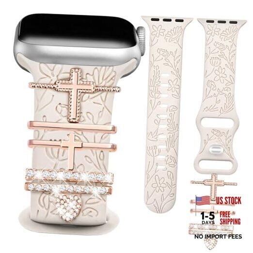 Floral Engraved 41/40/38/42mm(Series 11/10) A StarLight Band/RoseGold Cross