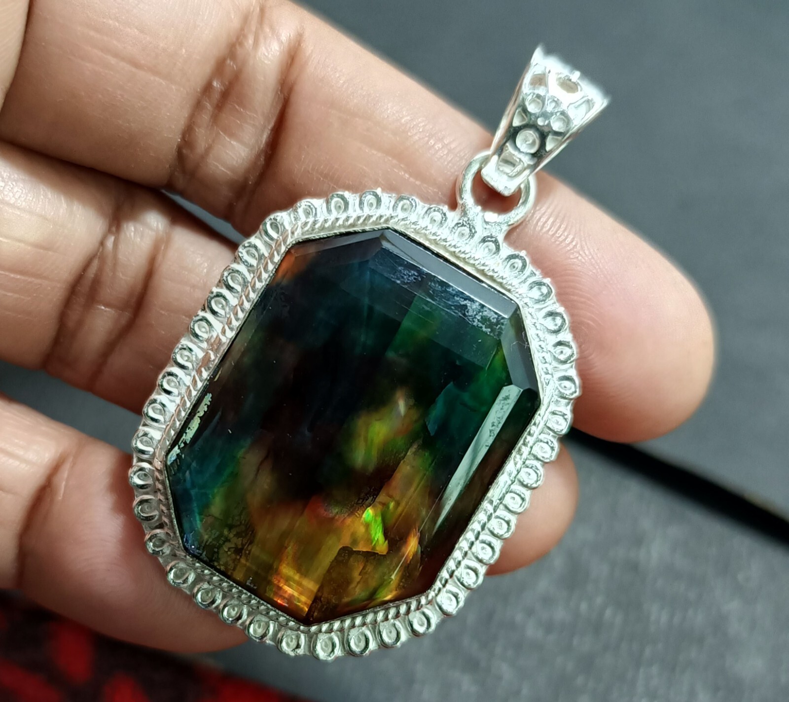 EGL Certified 65.45 Ct Natural Ammolite 925 Solid Silver Pendant Loose Gemstone