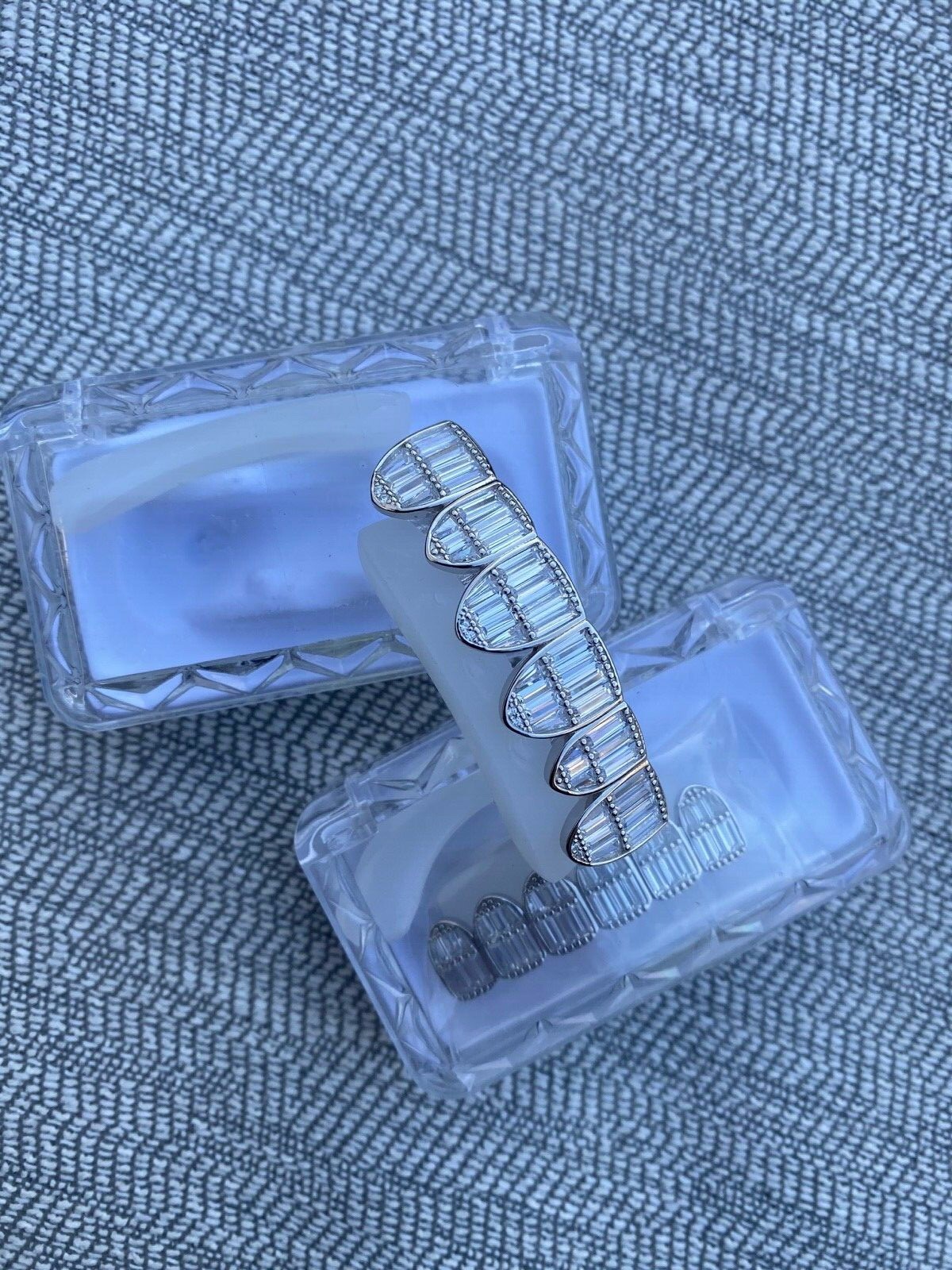 Real Solid Hip Hop 925 Sterling Silver Grillz Baguette Diamond Iced Grills Set