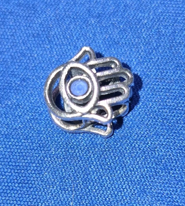Ale, Silver Tone Openwork Hand/Hamsa Bead Charm, Blue Stone Accent Large Hole