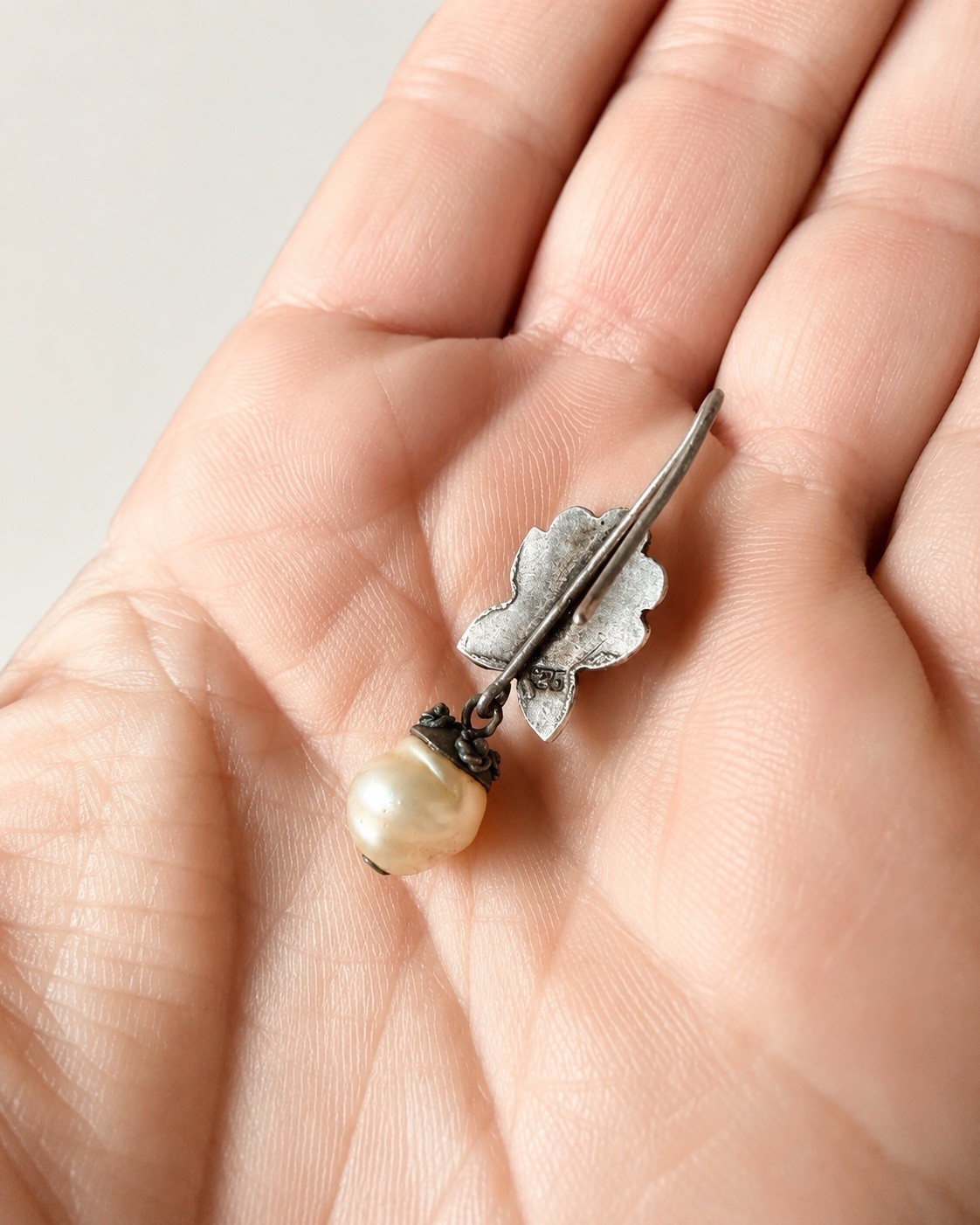 Vintage 925 Sterling Silver Floral Peach Freshwater Pearl Dangle Earrings