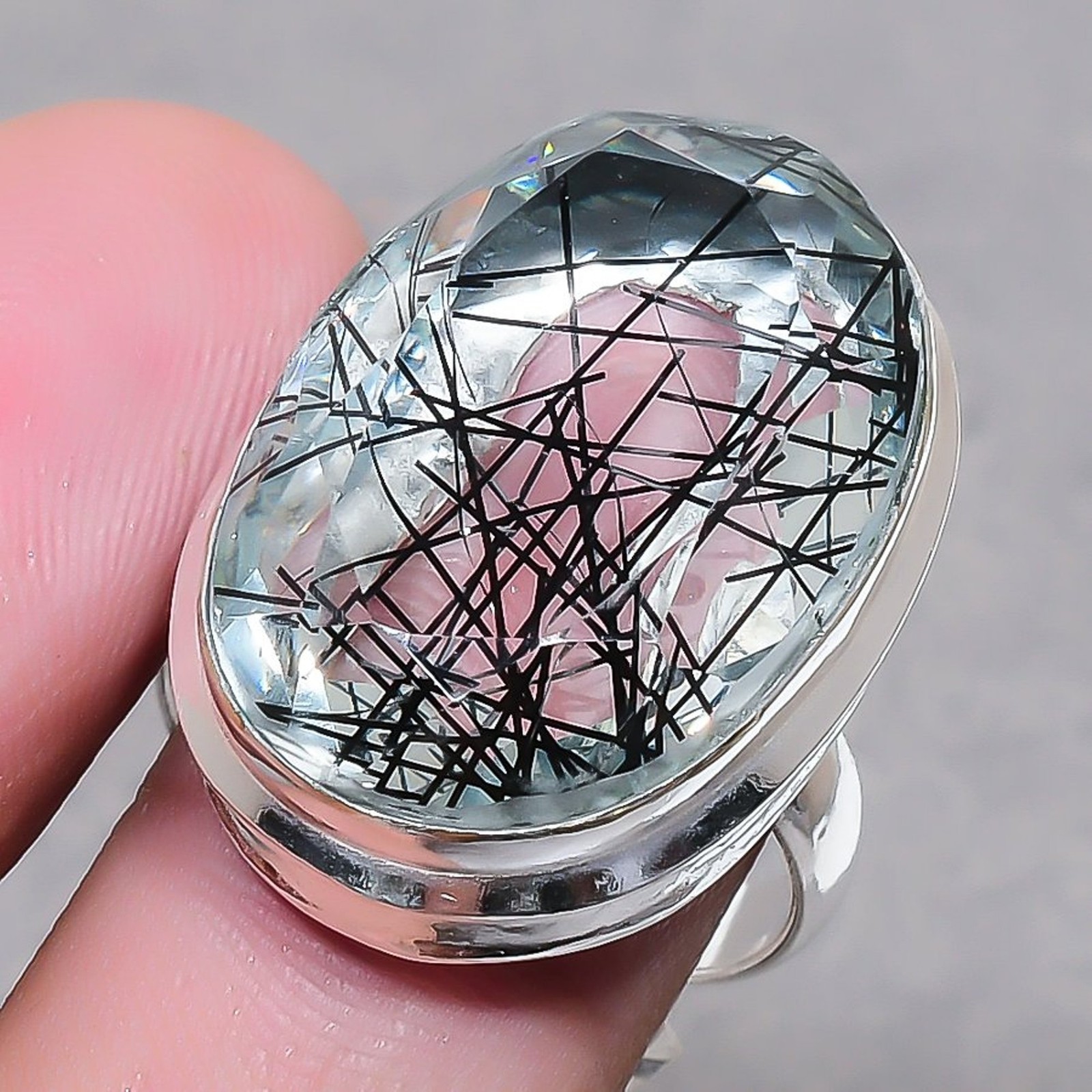 Black Rutile Oval Shape Gemstone Adjustable Ring Statement Handmade Gift Jewelry