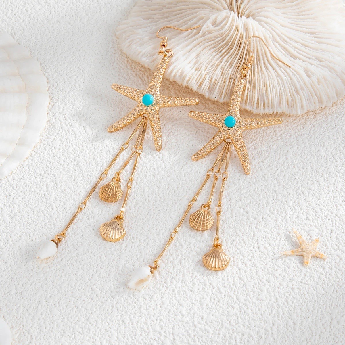 Starfish Shell Earrings Turquoise Ettika STYLE Gold Chain Boho Nautical Boho Y2K
