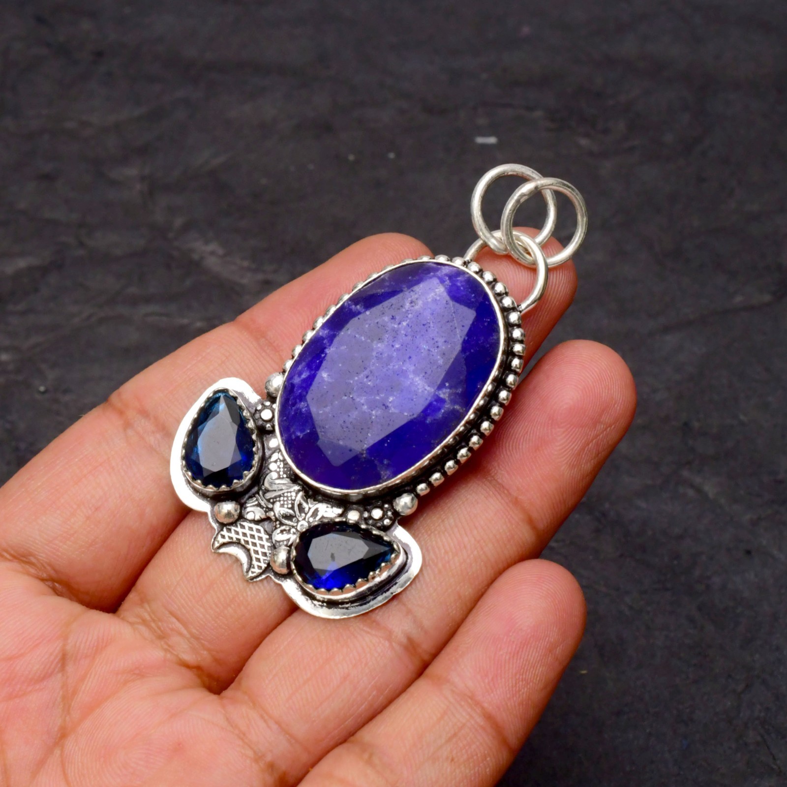 Blue Sapphire Lab Created Gemstone 925 Sterling Silver Jewelry Pendant 1-2″