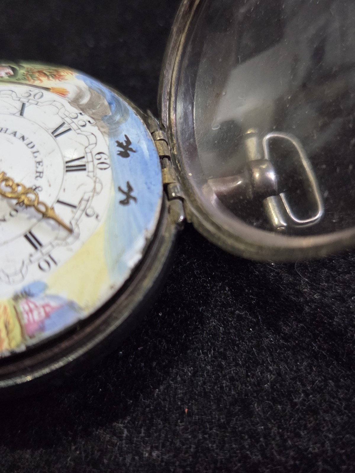 BRITISH VERGE FUSEE POCKET WATCH ENAMEL HUNTING SCENE 47MM CASE CHANDLER LONDON