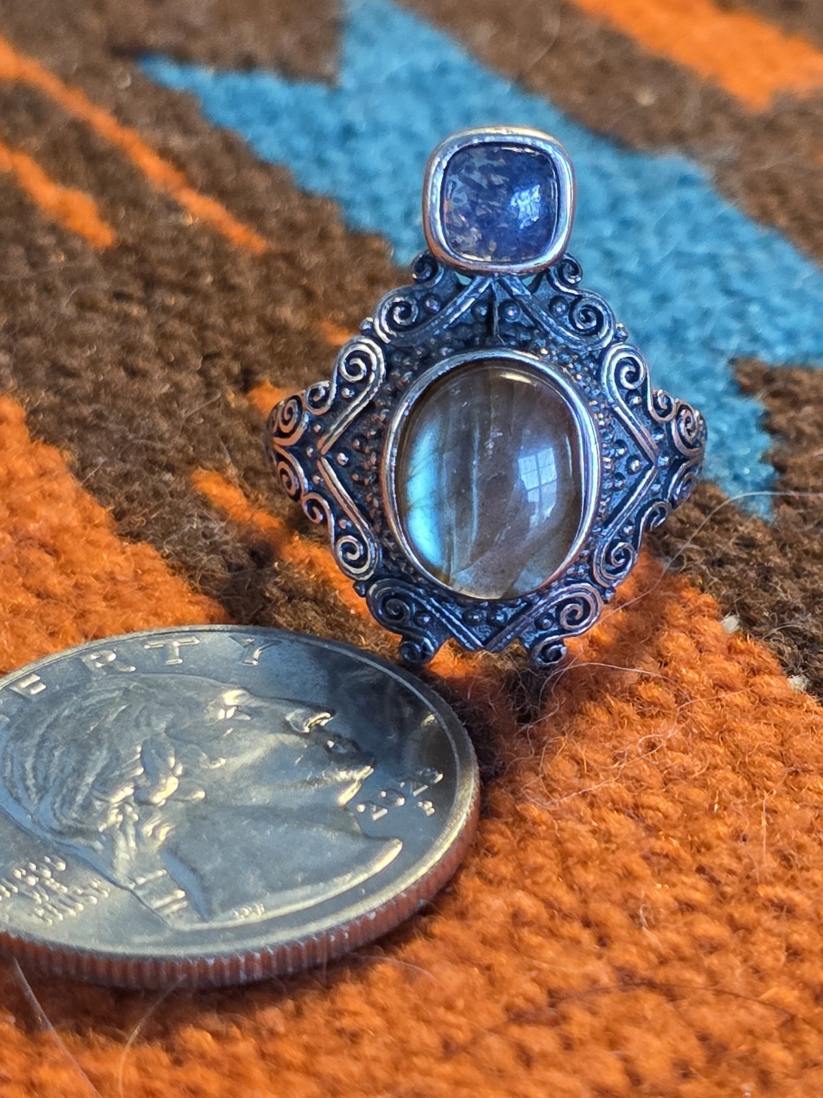 925 Vintage Ring, Laboratorite And Unknown Blueish Stone, Size 6, Beautiful…