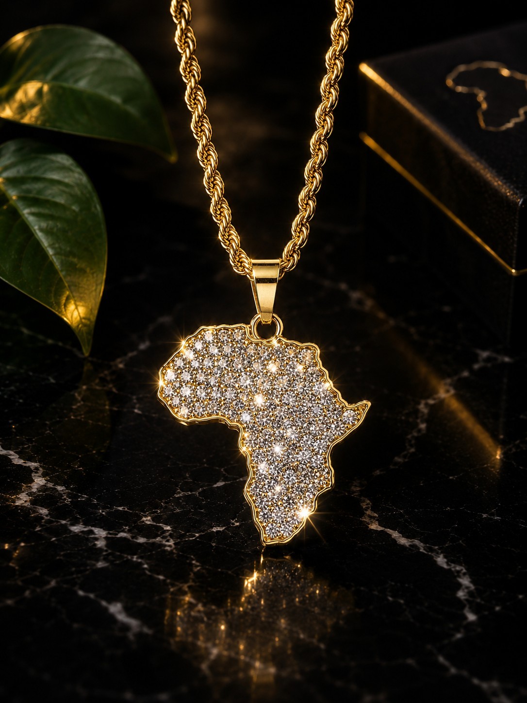 Men’s Iced Out 14k Gold Plated Africa Map Pendant 24″ Rope Chain Necklace 1126 G