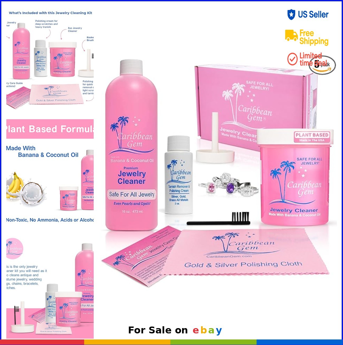 Jewelry Cleaning Kit 16oz & 8oz Solution Basket Brush Polishing Cream Cloth for