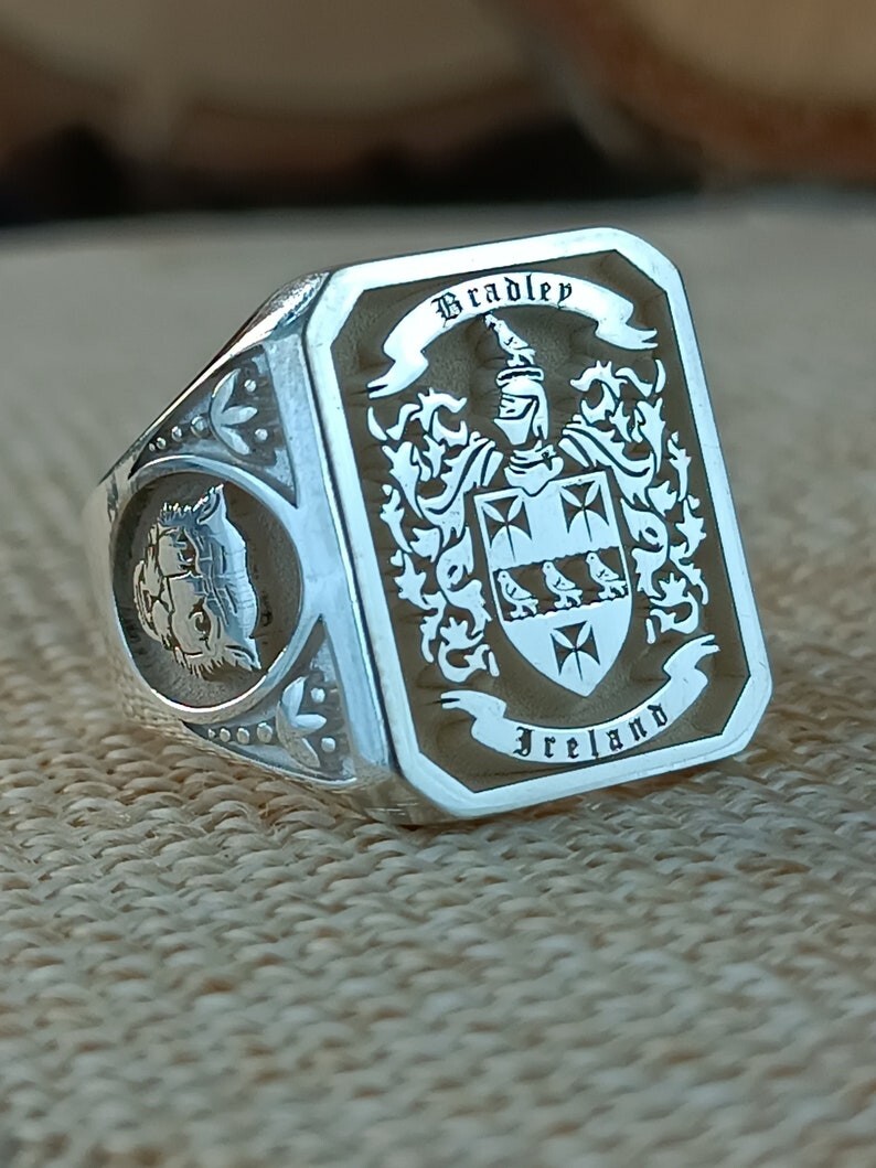 Custom Engraved Family Crest Ring, Personalized Coat of Arms Jewelry