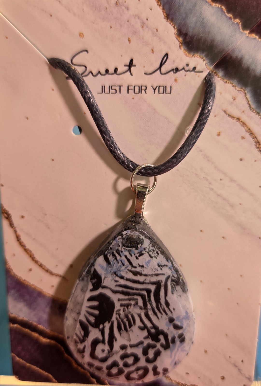 Teardrop Animal Print Teardrop Resin Pendant Necklace Cord Adjustable 19-24in