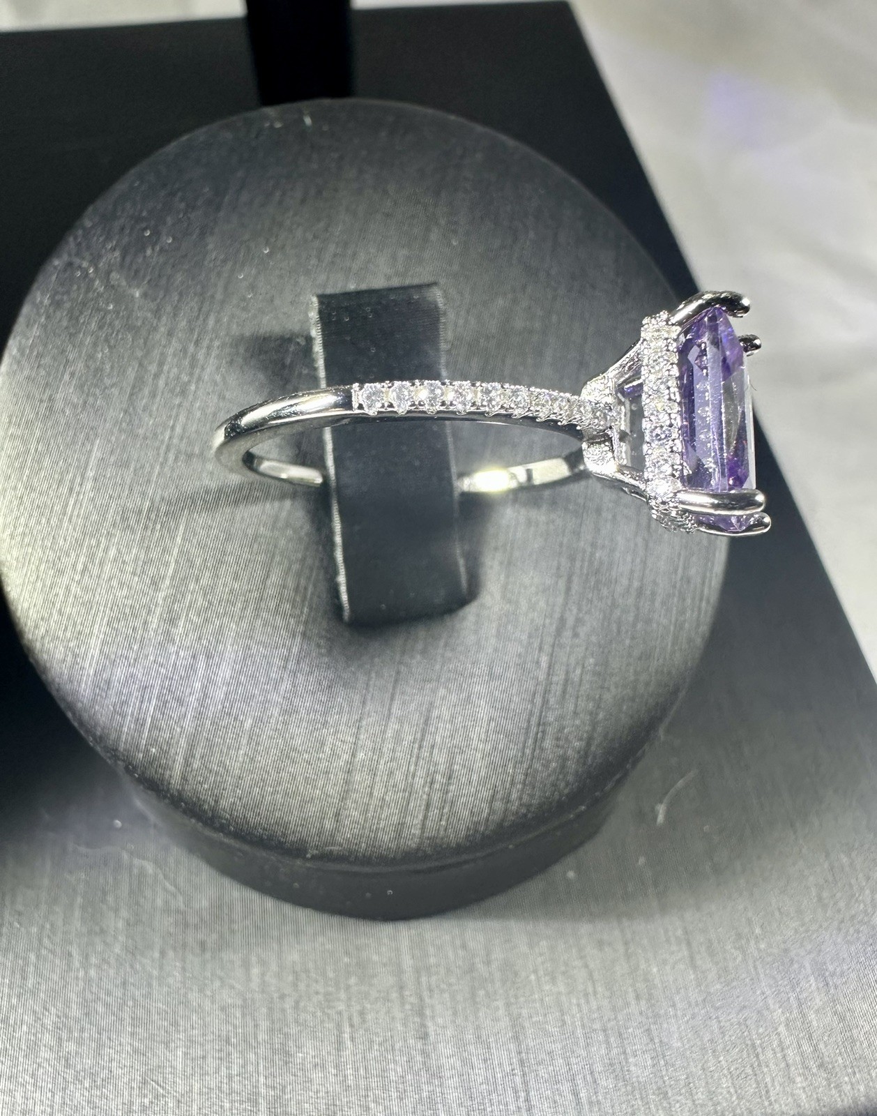 New W/ Certificate 4ct Lavender Radiant Lab Gem Ring,Moissanite Halo, S925 Sz. 8