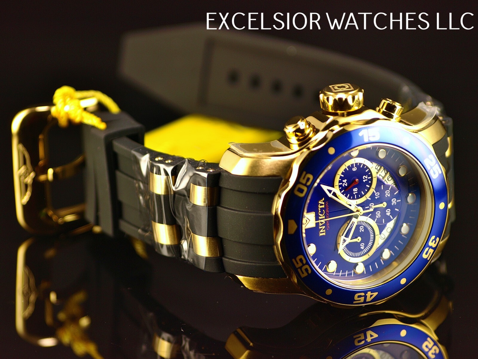 Invicta Mens 48mm PRO DIVER SCUBA Chronograph BLUE Dial 18K Gold Plated SS Watch