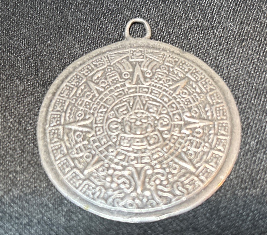 Vintage Mexico Aztec Calendar Pendant Mayan Design, Large Silver Tone Charm Only