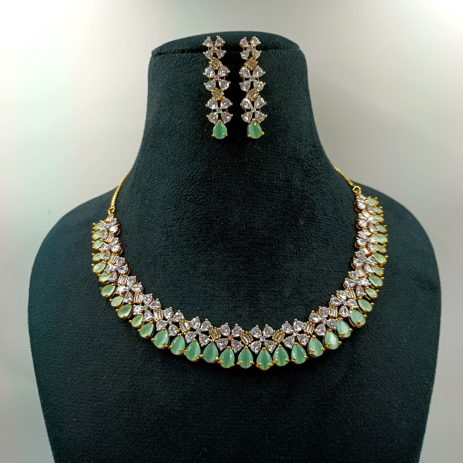 Designer Chalcedony CZ Diamond Gold Plated Necklace Set Bridal Jewelry For Women