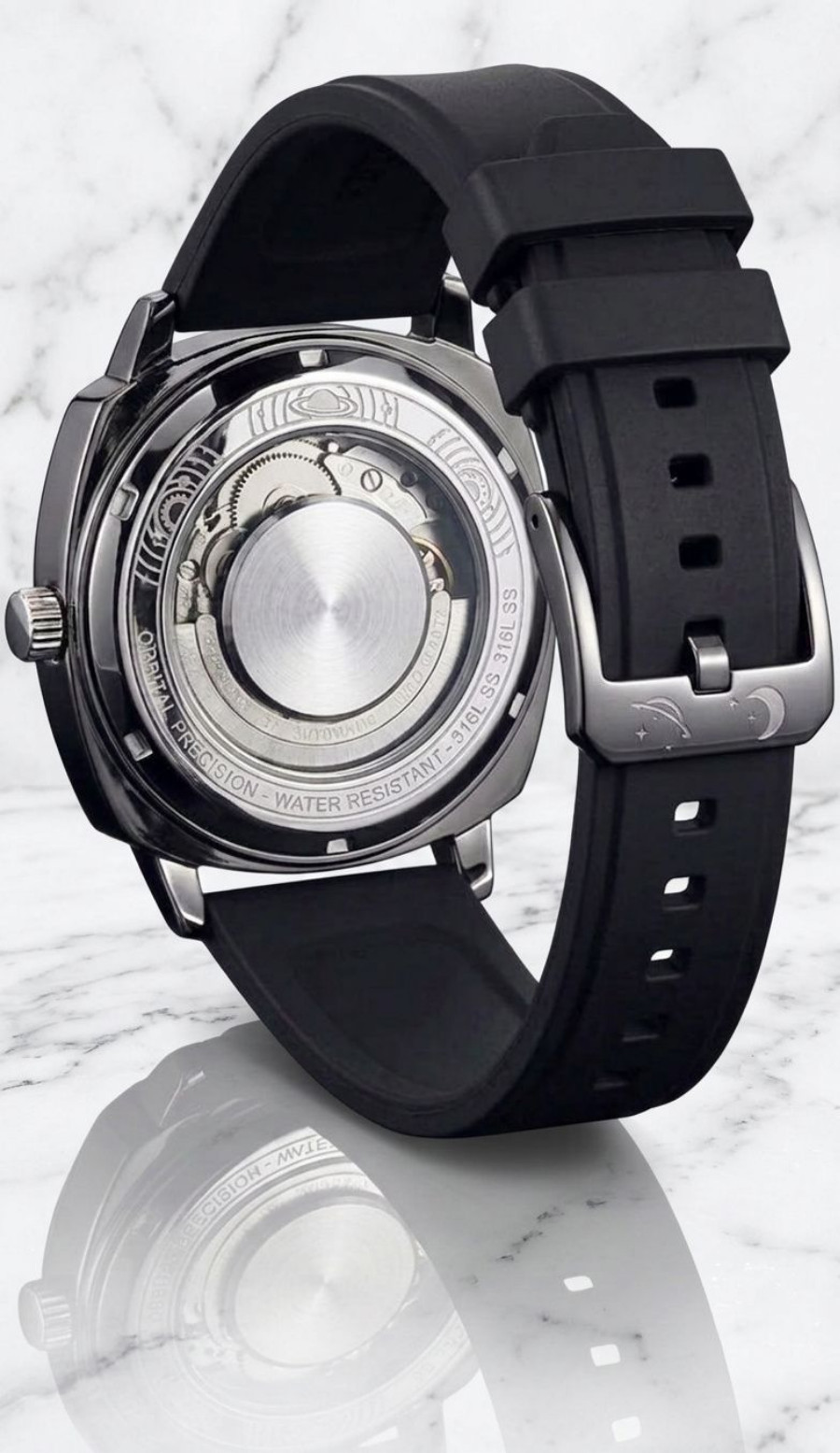 Men’s Creative World Map Watch Black Dial Gray Case Earth Moon Sun Black Strap