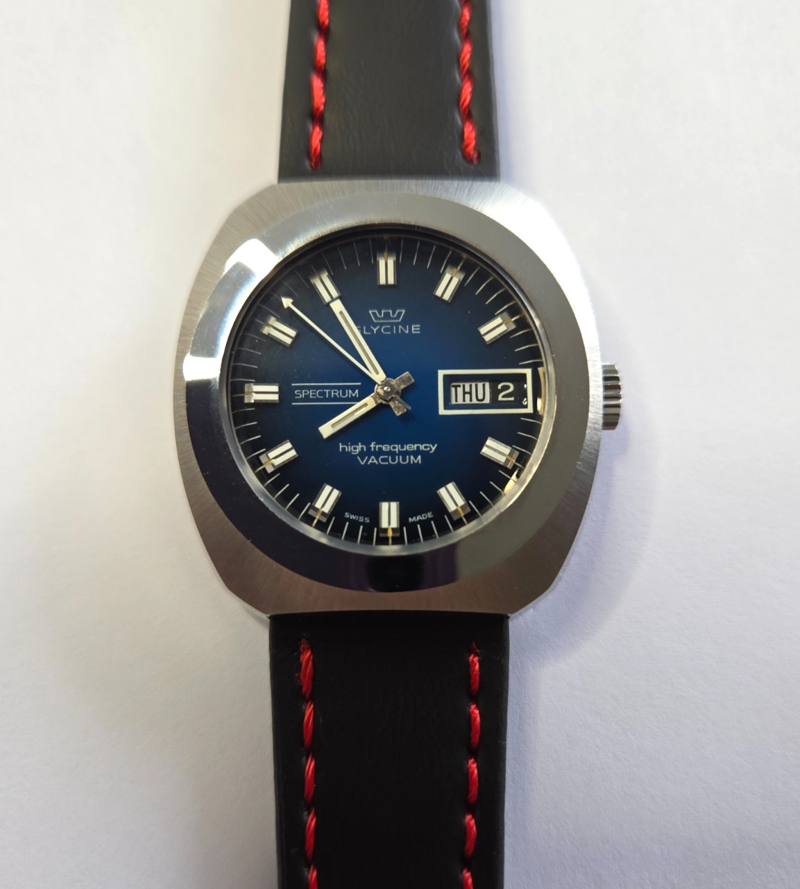 Glycine High Frecuency Automatic Watch Vintage Men Spectrum Vacuum Blue Dial NOS