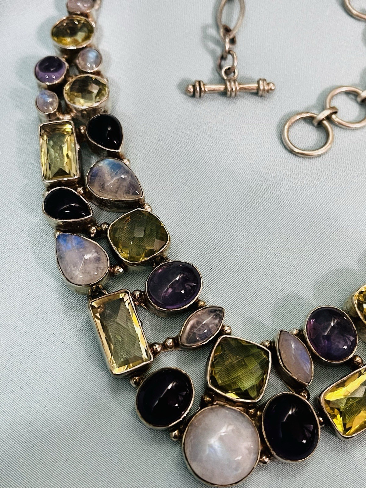 Sterling Silver Multi-gem Moonstone Tourmaline Amethyst Necklace Healing 96 Gram
