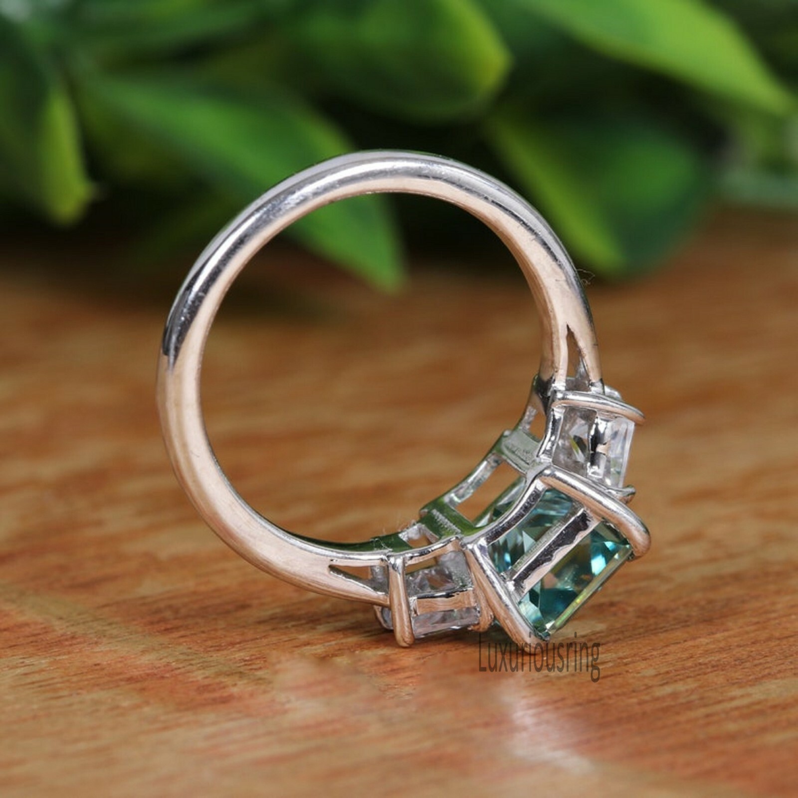 2.74 Ct Blue Green Radiant Cut Moissanite, 3 Stone Engagement Ring, 925 Silver