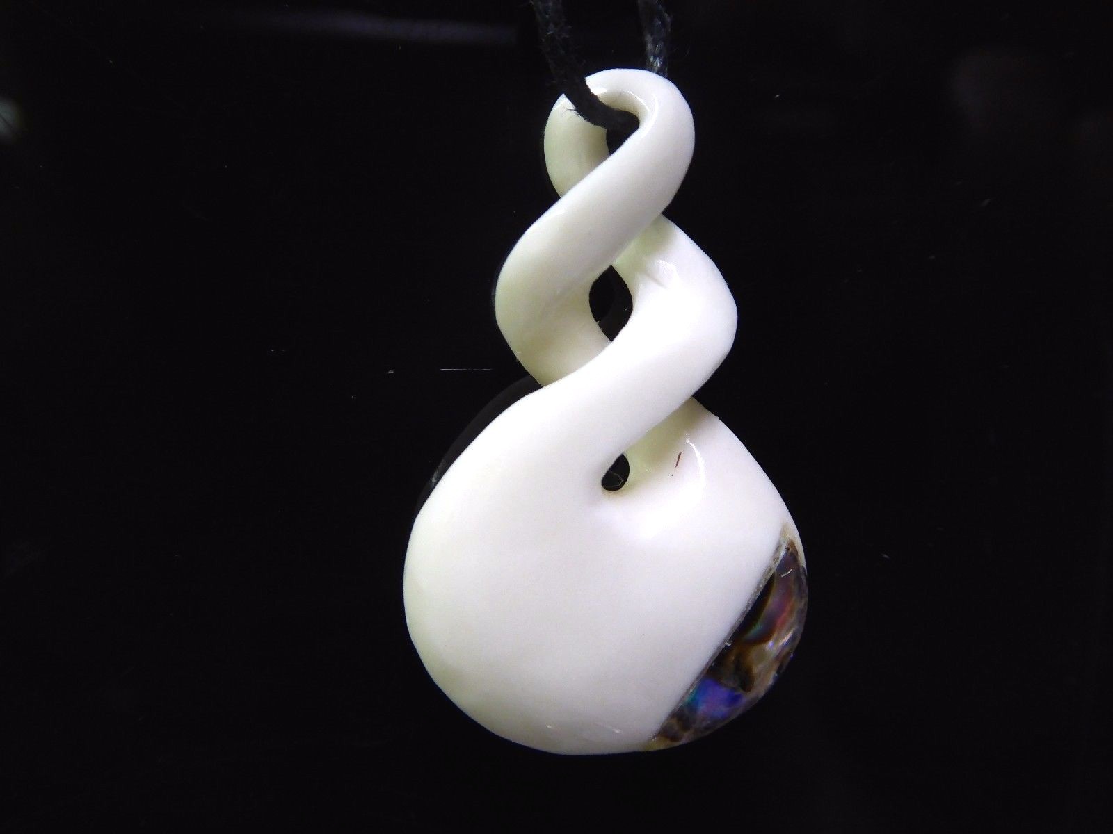 Maori Double Twist Inlaid Paua Shell Water Buffalo Bone Pendant Necklace