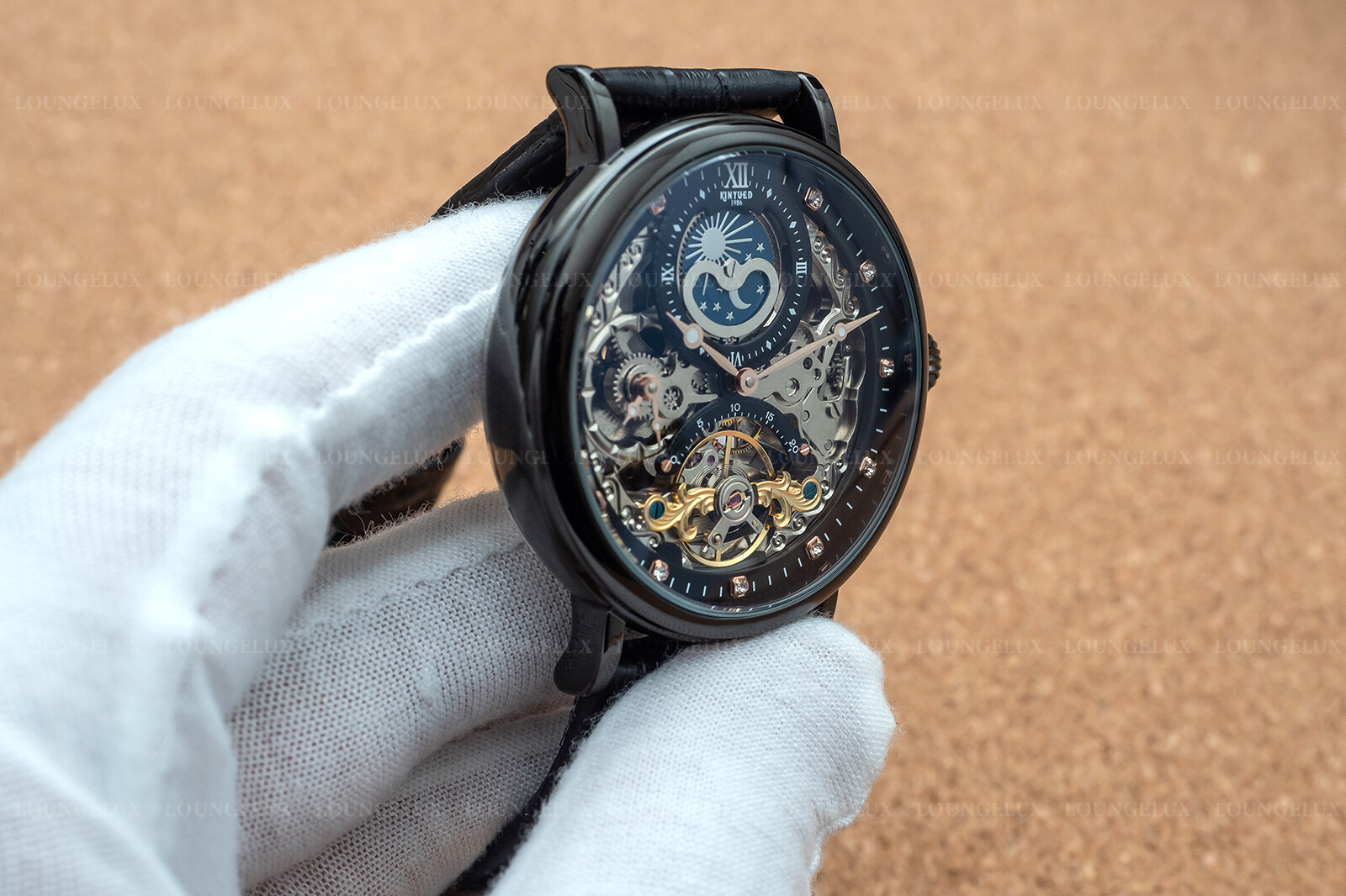 Mens Dual Time Flywheel Skeleton Automatic Mechanical Watch Black Leather Band
