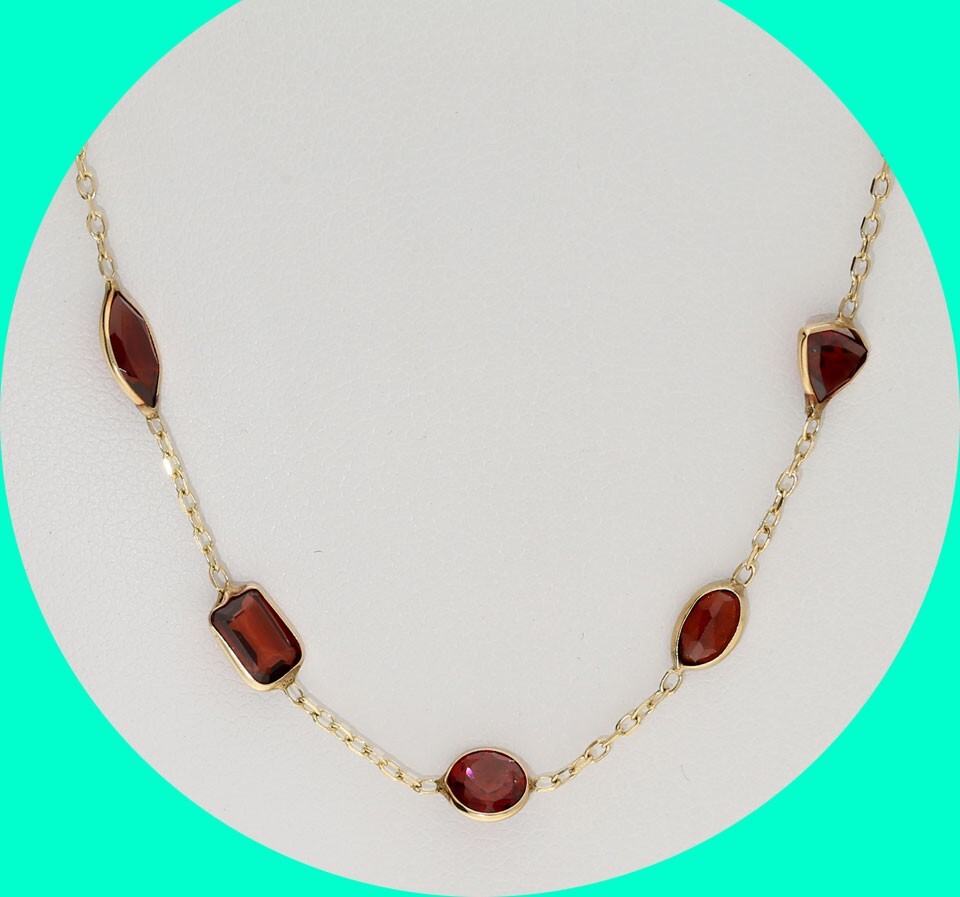 Natural Garnet Station Necklace 12.70CT Yellow Gold 24” Long Cable Chain