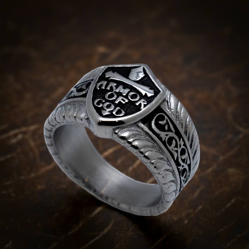 Stainless Steel Men’s Armor of God Religious Biker Ring 154