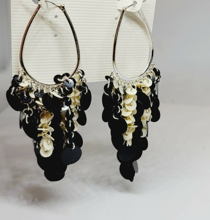 Gigi In Style Black & White sequin Design OVAL Hoop Dangle Earrings 3.75 in Drop