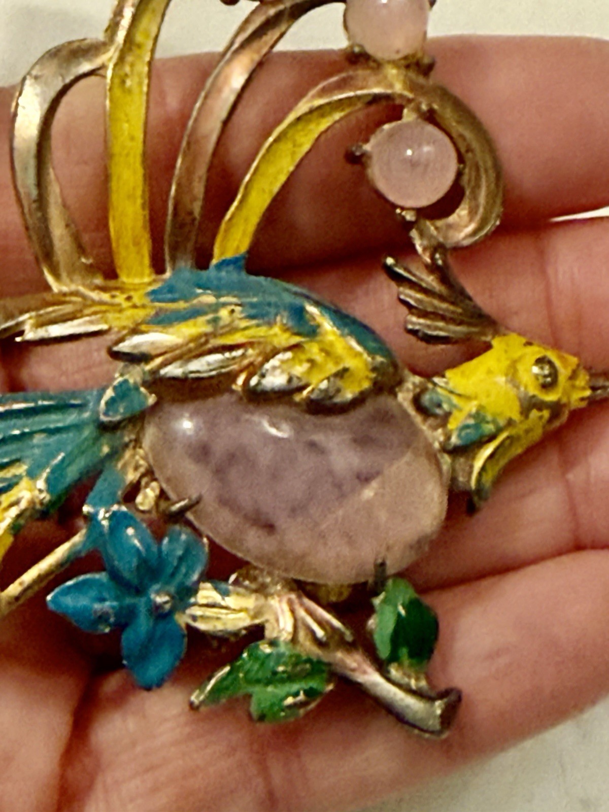 Antique 1940s CORO JELLY BELLY Bird Of Paradise Brooch W/ Enamel Pink & Yellow
