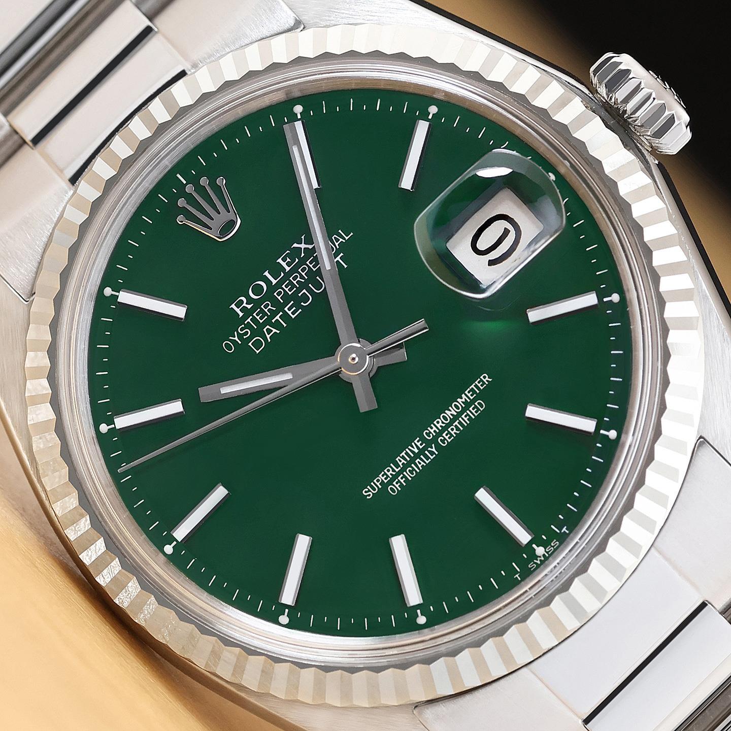 ROLEX MENS DATEJUST 18K GOLD STAINLESS STEEL GREEN DIAL WATCH w/ OYSTER BAND