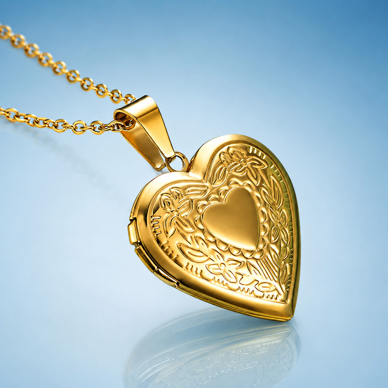 Stainless Steel Heart Shaped Locket Pendant Necklace Floral Engraved Gold Finish