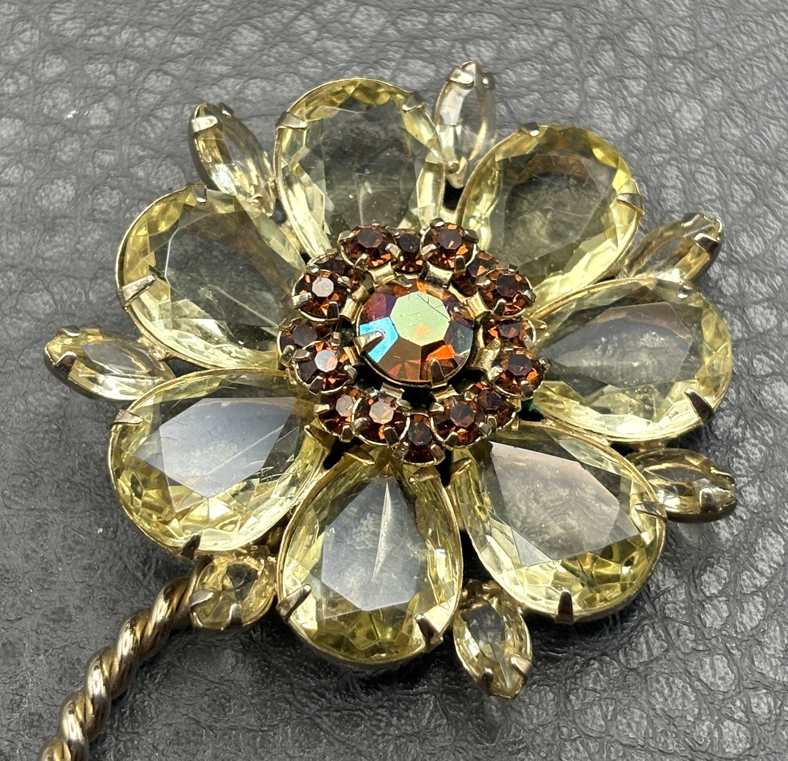 HUGE Aurora Borealis FAUX Citrine Color Rhinestone Flower Brooch MISSING BACK