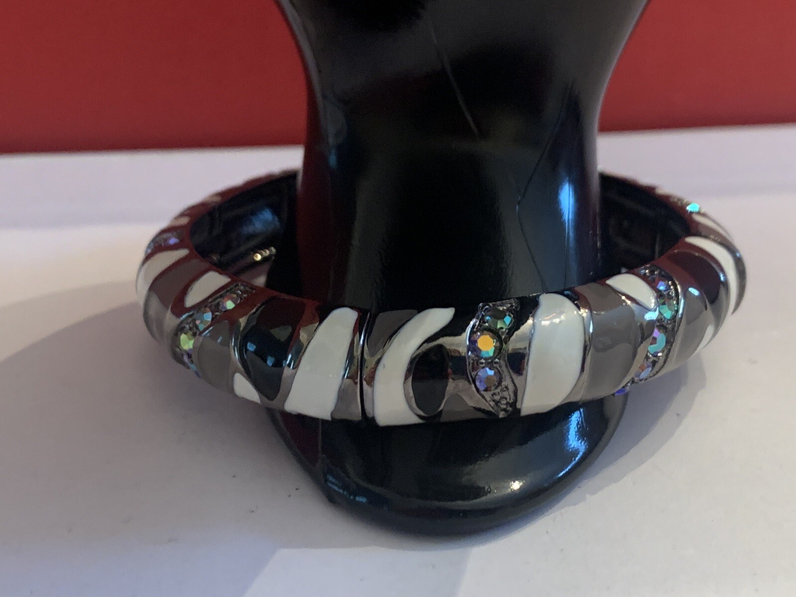 Joan Rivers Black/ Gray/ White Enamel Elastic Bracelet AB Crystals – BinT